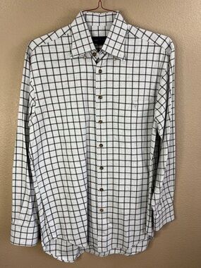 Men's White Scott Barber Button-Down Shirt with Brown Grid